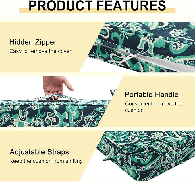 downluxe Outdoor Chair Cushions Set of 4, Waterproof 19" x 19" x 3" Patio Chair Cushion with Non-Slip Ties & Handle, Square Outdoor Cushion for Patio Furniture with Removable Cover, Green Paramecium - Image 5