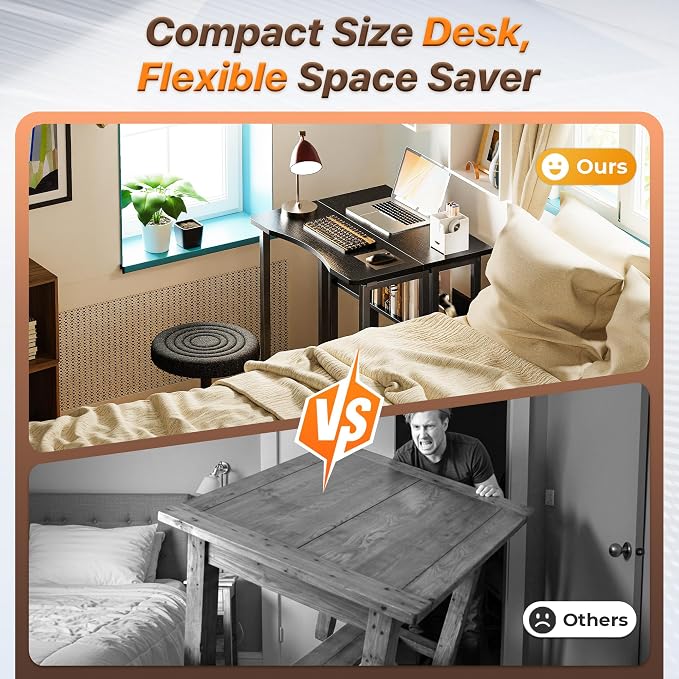 Huuger Folding Desk with Storage Shelf, 23.6 Inch Foldable Computer Table | Writing Work Office Computer Desk for Small Spaces, Space Saving Sofa Table for Couch, Easy to Fold, Black - Image 3