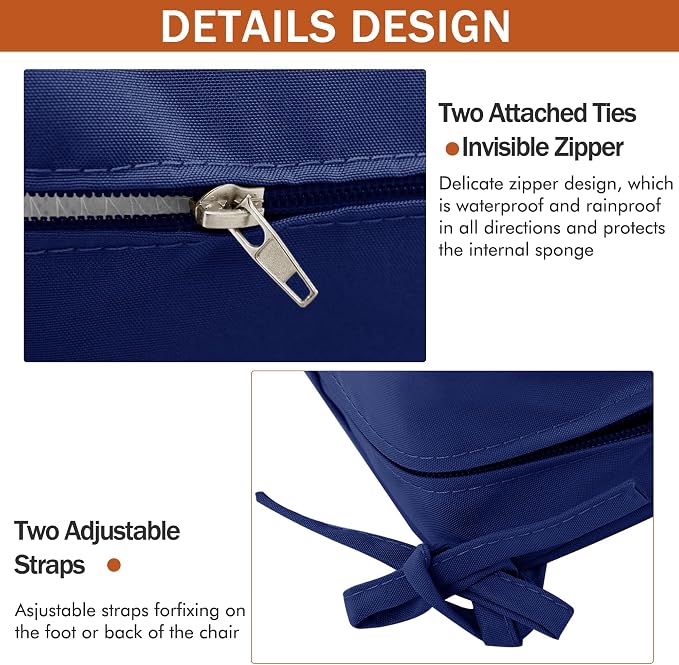 Outdoor Chair Cushions Set of 4, 19 x 19 x 3 Inch Seat Pads | Waterproof Patio Chair Cushions with Tie, Fade Resistant Cushions for Outdoor Furniture Garden Lawn, Navy Blue - Image 5