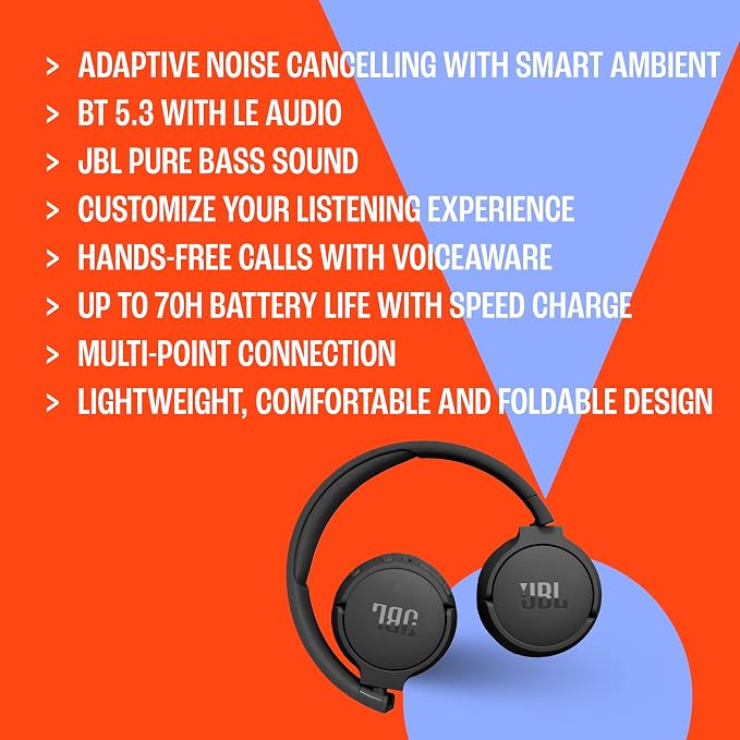 JBL Tune 670NC - Wireless On-Ear Headphones - Purple | Adaptive Noise Cancelling with Smart Ambient, Bluetooth 53 with LE Audio, JBL Pure Bass Sound - Image 5
