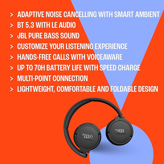 JBL Tune 670NC - Wireless On-Ear Headphones - White | Adaptive Noise Cancelling with Smart Ambient, Bluetooth 53 with LE Audio, JBL Pure Bass Sound - Image 6