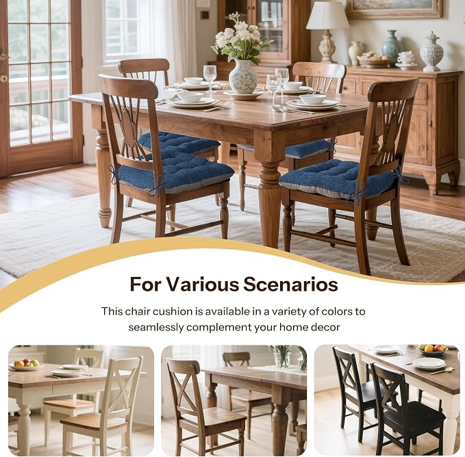 Chair Cushions for Dining Chairs Set of 2, 18"x18"x3", Royal Blue | Non-Slip with Ties, Tufted, Faux Linen, Seat Cushions for Dining Room Kitchen Breakfast Nook Indoor Home Office Living Room - Image 5