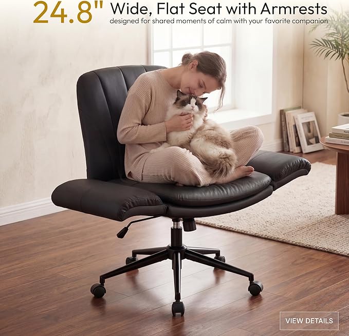 Dowinx Criss Cross Chair with Five-Level Adjustable Arms and Wheels - Comfortable Ergonomic PU Leather Swivel Vanity Chair - Computer Makeup Gaming Chair for Home Office, Bedroom, Living Room (Black) - Image 6
