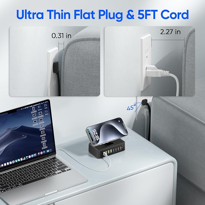 300W USB Charging Station, 11-in-1 USB C Power Strip Surge Protector, 2AC Outlets & 8USB Ports, 5ft Flat Plug Extension Cord with Multiple Devices, Desktop Charger for Home Office Desk Accessories - Image 5