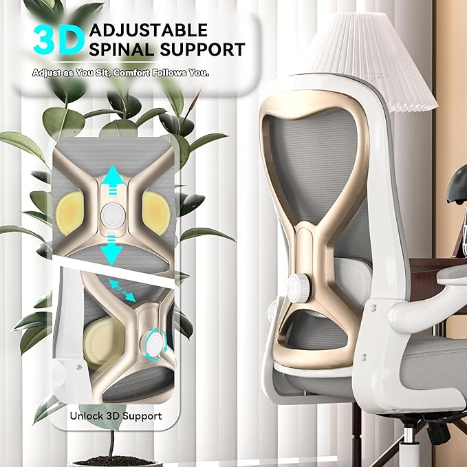 Ergonomic Home Office Chair, 4-Way Lumbar, Thick Cushion, 330LBS | Adjustable Lumbar (up/down/in/out), Rocking Mesh Back, Flip-up Arms, Easy Assembly, Ideal for home offices & small workspaces - Image 3