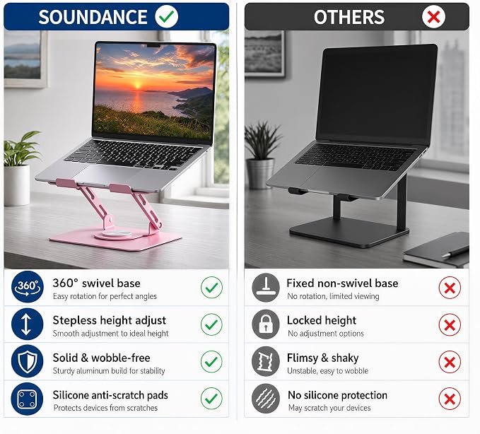 SOUNDANCE 360 Rotating Laptop Stand, Ergonomic Computer Riser for Desk, Adjustable Height Multi-Angle Metal Holder, Foldable Portable Notebook Elevating Base for Office & Home, Pink - Image 8