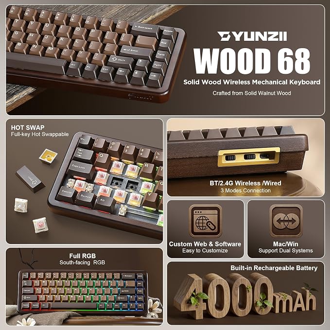 YUNZII WOOD68 65% Wireless Hot Swap RGB Mechanical Keyboard (Wood, Candy) | Tray Mount, Pre-lubed Linear Switche,BT/2.4G/USB-C,PBT Double-shot Keycaps,Wooden case for Retro Gamers & Desk Setups - Image 2