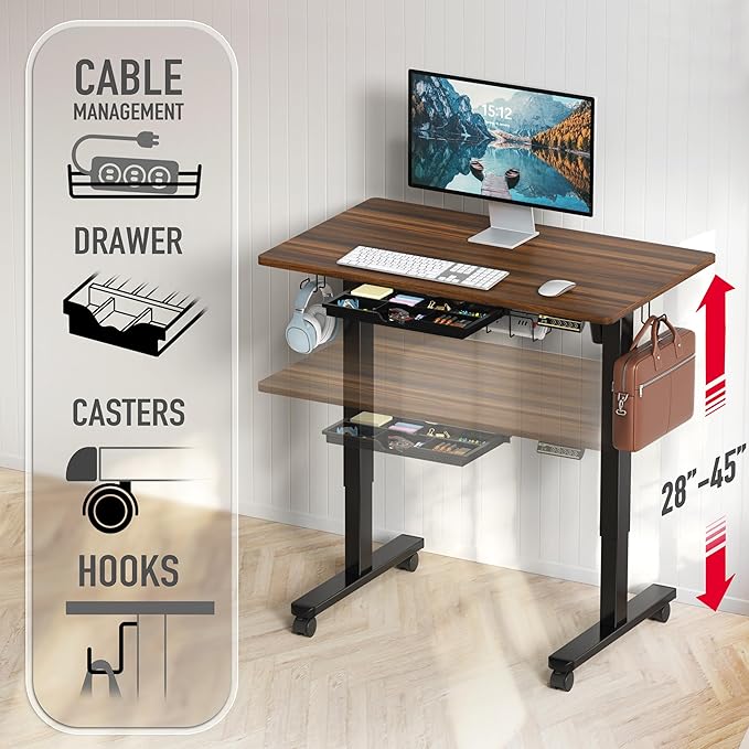 SHW Mobile Electric Height Adjustable Standing Desk w/Drawer, Black | 40" Wide Top | w/ Memory Presets and Cable Management | Drawer with adjustable compartments | Hanging Hooks - Image 4