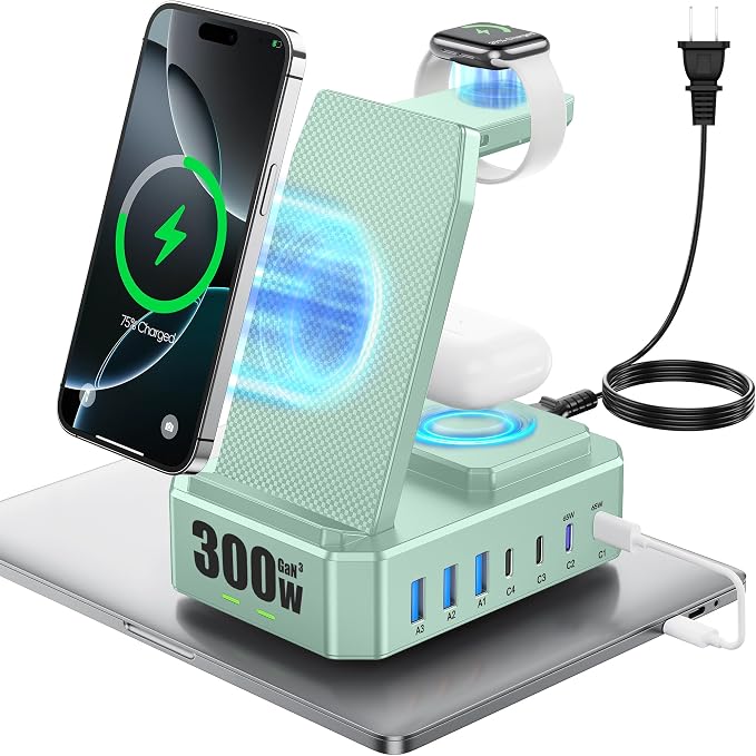 300W Charging Station for Multiple Devices Apple, Zutspzss 10 in 1 Wireless Charger for iPhone 16, GaN III USB C 65W PD Fast Charging Stand Dock for MacBook, Apple Watch&Airpods,Green by Zutspzss