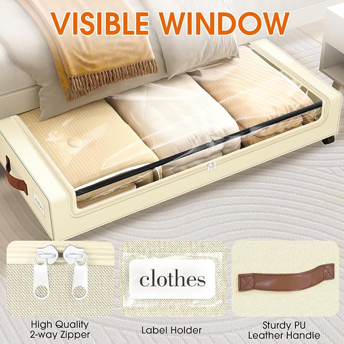 Under Bed Storage with Wheels 1Pack Storage Containers with Clear Window | Under Bed Drawers Rolling Under Bed Storage for Clothes,Shoes, Blankets (30.71 x 16.93 x 6.69 in, Beige) - Image 3