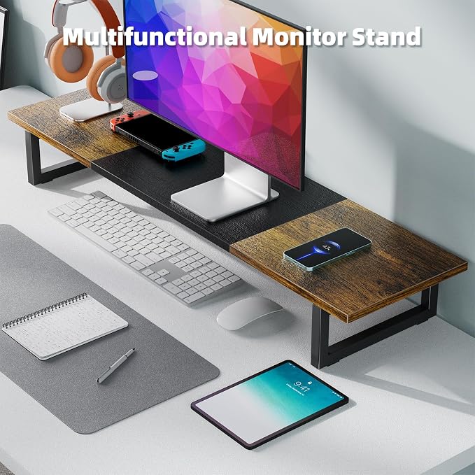 Simple Trending 38" Dual Monitor Stand Riser, Desk Organizer, Rustic Brown | Laptop & Printer Stand, for 2 Monitors, Wood and Steel, Ergonomic Support, Easy Setup, Home Office Desk, 38"W x 10.25"D x 5"H - Image 4