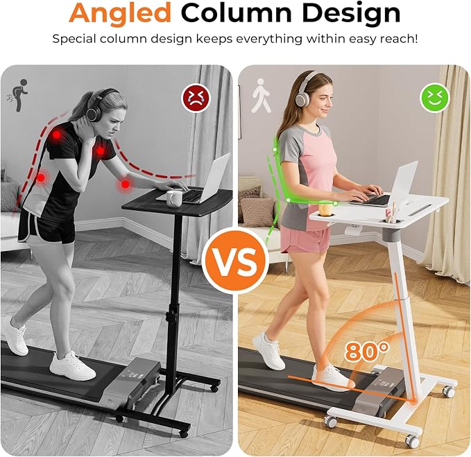 JOY worker Mobile Standing Desk for Treadmill, 31.5" Small Walking Pad Desk | Pneumatic Height Adjustable, 40° Foldable White Rolling Sit-Stand Table on Wheels, Cup Holder & Towel Rack, for Home Office - Image 4