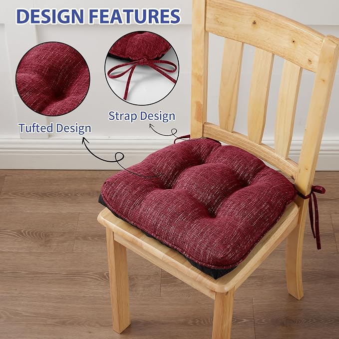 IPYNBAP Chair Cushions for Dining Chairs Set of 6, Red Kitchen Chair Cushions, Chair Pads with Ties and Non Slip Backing, Christmas Room Decor, Tufted Memory Foam Seat Cushion 6 Pack, 15.5"x15.5"x4" - Image 4