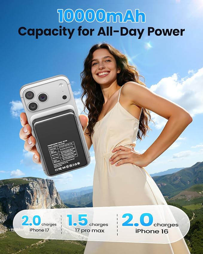 Magnetic Portable Charger, Power Bank Fast Charging 22.5W 10000mAh, Portable Charger with Built in Cable, for Magsafe Battery Pack Compatible with iPhone 17/16/15/14/13/12 Pro/Pro Max, Samsung Black - Image 6