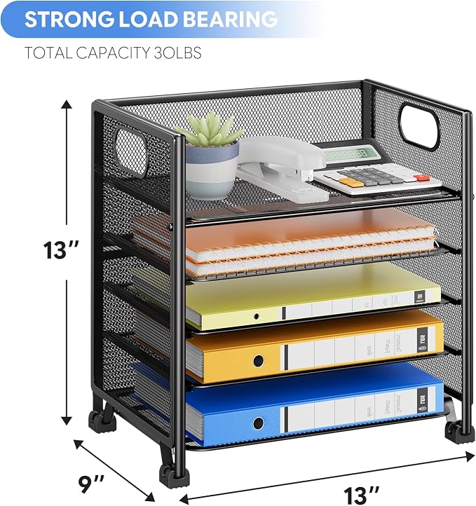 Simple Trending 5-Tier Paper Tray Organizer, File Organizer for Desk, Black | Letter Tray Holder with Handle. Sturdy Metal Frame. Non-slip Feet. Black for Office Home School. 13"L x 9"W x 13"H - Image 3