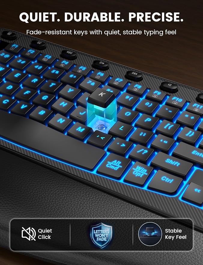 Wireless Keyboard and Mouse Combo, Ergonomic Wave with Wrist Rest | Rechargeable, Backlit Keys, Full Size, 2.4GHz USB Wireless, Leather Finish, MA12Pro Quiet Set for Windows, Mac, PC, Laptop - Image 7