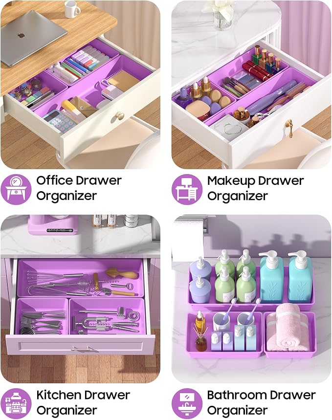 10 Pack Large Size Plastic Drawer Organizers Set, 3 Sizes Desk Drawer Organizer Trays, Storage Bins for Vanity, Makeup, Bathroom, Kitchen Utensils and Office (Purple) - Image 5