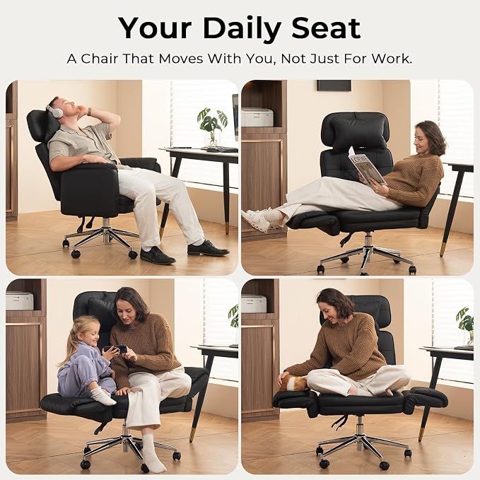 Big and Tall Ergonomic Office Chair, Criss Cross Desk Chair with Pivot Arms | High Back Executive Leather Chair with Spring Seat, Wide Computer Gaming Chair for Home, Makeup & Bedroom, Black, 49.6”H×22”W - Image 4