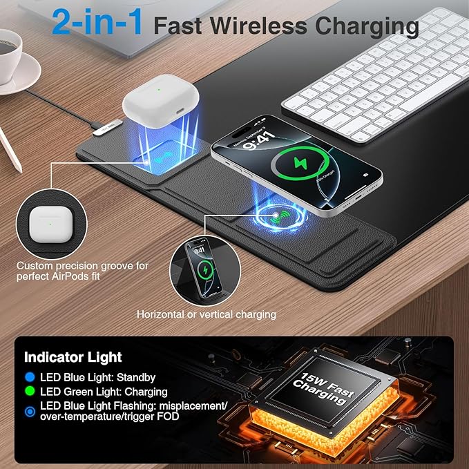 Wireless Charging Mouse Pad with Foldable Phone Holder, 31.5"x15.8", Black | Large Desk Mat for Laptop/Keyboard, Waterproof Ultra-Smooth Surface, Non-Slip Base - Image 2