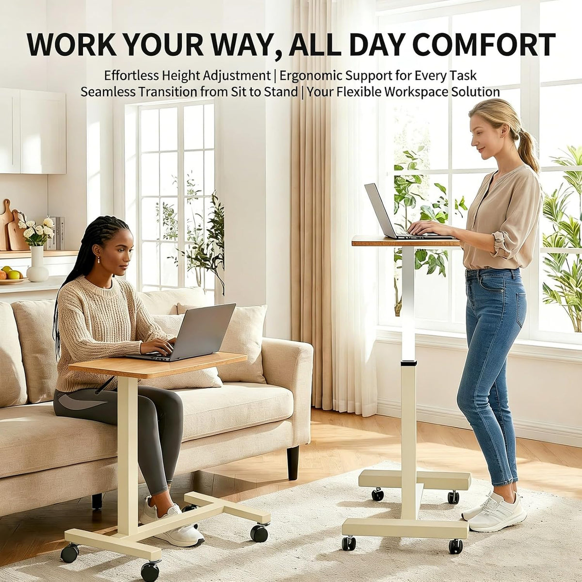 Adjustable Overbed Table with Wheels, Pneumatic Height Lift Rolling Bedside Table, Standing Desk for Home & Office Use, Ideal for Seniors & Limited Mobility(Walnut White) - Image 4