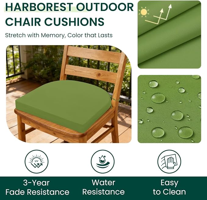 HARBOREST Outdoor Chair Cushions Set of 6, Water Resistant Patio Chair Cushions with Ties, Outdoor Seat Cushions for Patio Furniture, 17"x16"x2", Grass Green - Image 2