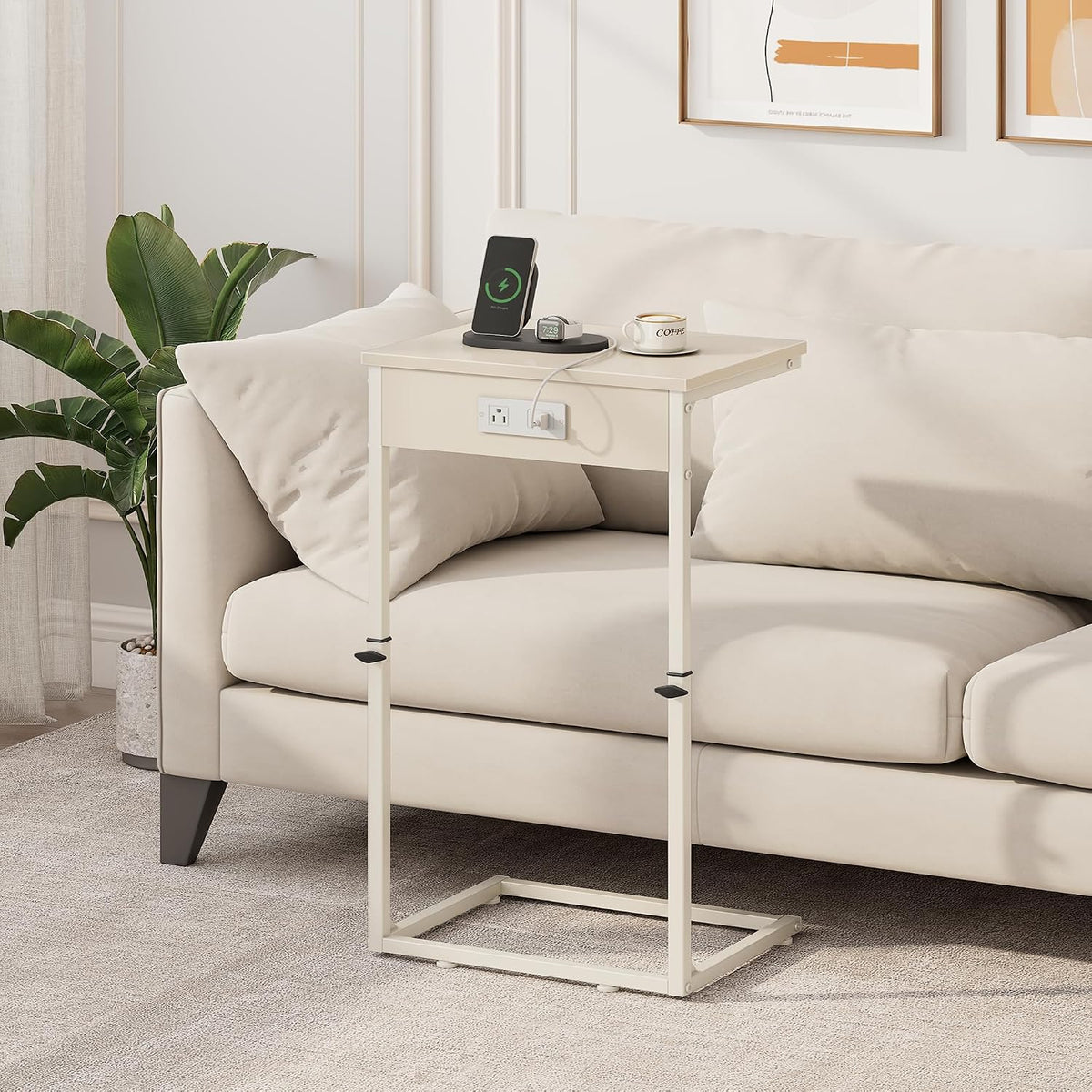 C Shaped End Table with Charging Station, Adjustable Height Side Table for Couch, Small Side Table, 33.2'' Tall Couch Tables that Slide Under, Tv Tray End Table for Living Room, Beige - Image 2
