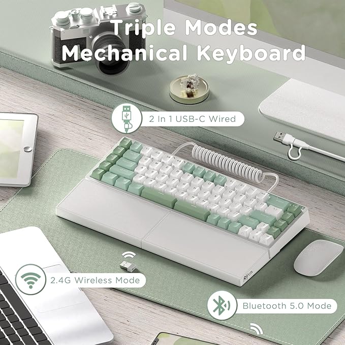 RK ROYAL KLUDGE S70 Ergonomic Split Keyboard, Linear Switch White | Wireless RGB Mechanical Keyboard with Bluetooth/2.4G/USB, 75% Hot Swappable Gaming Keyboards w/Fixed Wrist Rest, PBT Keycaps - Image 3