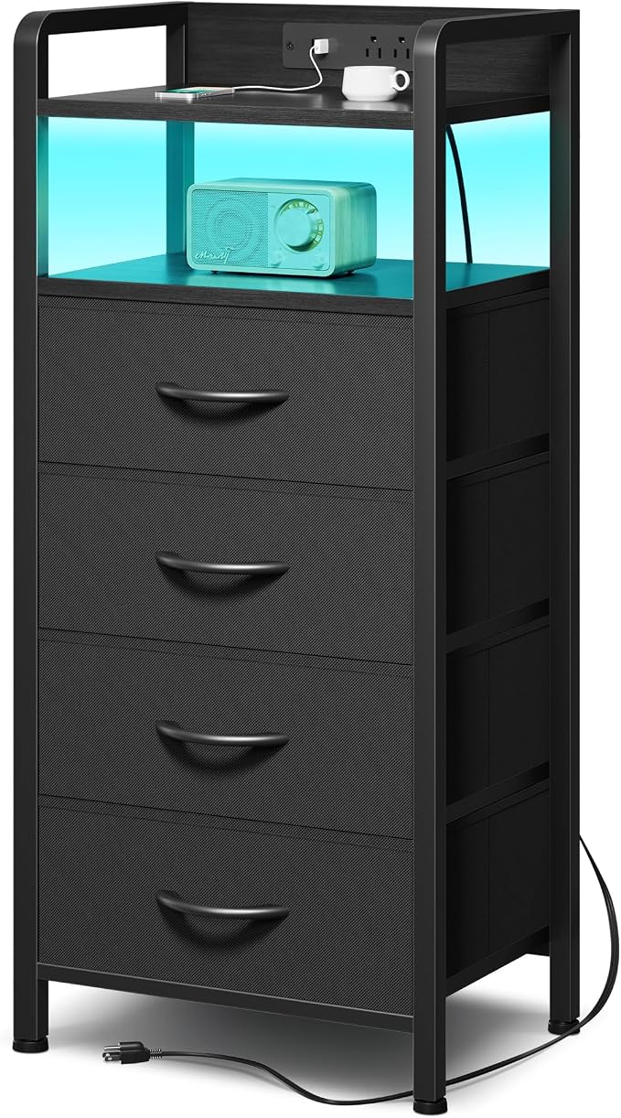 Lazzanto Nightstand with Rear Charging Station, LED Light, 4 Drawers, Black | Industrial Nightstand, 2 USB-A Ports & AC Outlets, Raised Back Guard, Fabric Storage Drawers, Bedside Table for Bedroom, Dorm by Lazzanto