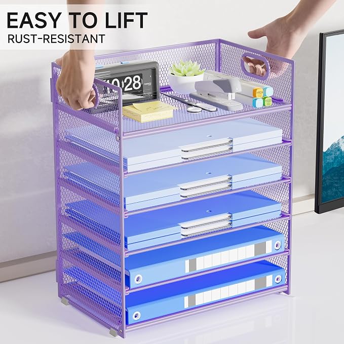 Purple Paper Organizer for Desk with Handle, 6-Tier | Metal Mesh File Organizer, Stackable Desktop Organizer for Office Supplies & Stationery Storage - Image 4
