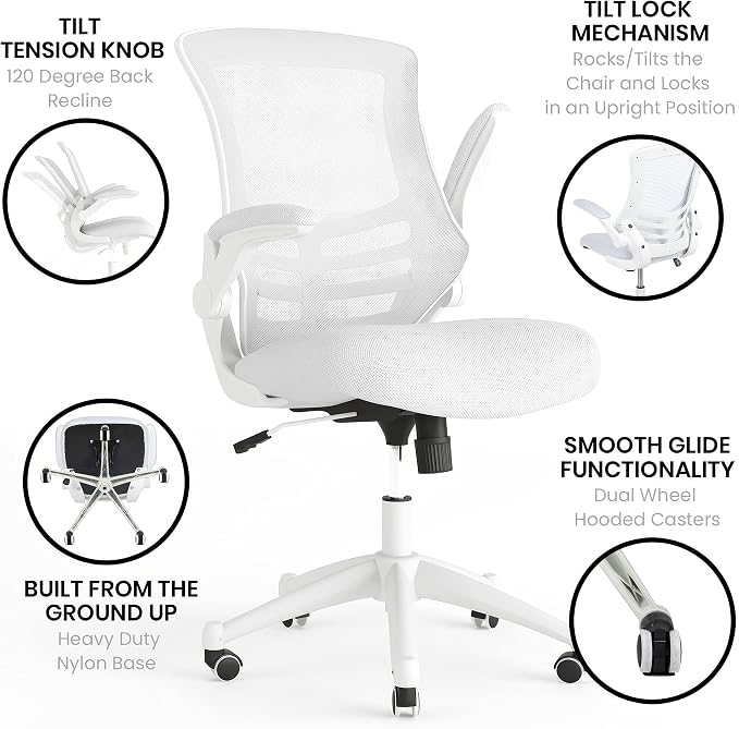 Flash Furniture Mid-Back White Mesh Swivel Ergonomic Task Office Chair with White Frame and Flip-Up Arms | White Frame, Mid-Back, Flip-Up Arms, Mesh Back - Image 5