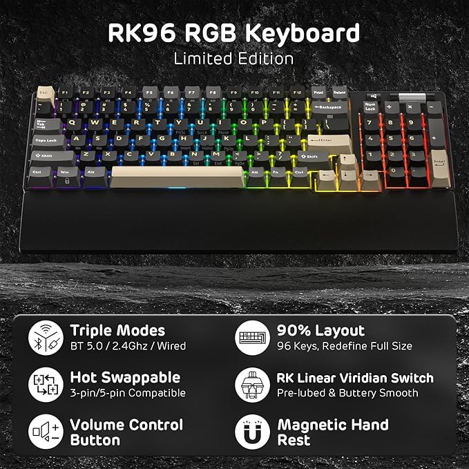 RK ROYAL KLUDGE RK96 RGB Wireless Mechanical Gaming Keyboard w/Wrist Rest | 90% 96 Keys Hot Swappable Mechanical Keyboard, 3-Mode BT5.0/2.4G/USB-C, Volume Control, Software Support & Massive Battery - Image 2