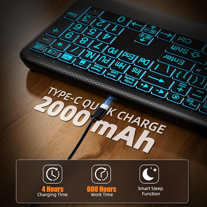 Hamile Large Print Wireless Backlit Keyboard for Windows, Black | Rechargeable keyboard with quiet low-profile keys, 7-color backlight memory, full-size layout, and extra-large wrist rest - Image 6