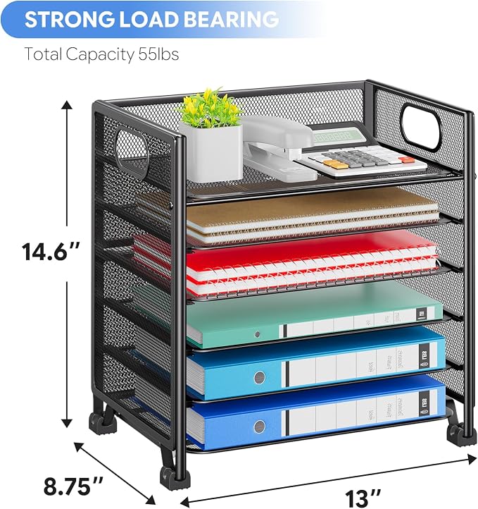 Simple Trending 6-Tier Paper Tray Organizer, File Organizer for Desk, Black | Letter Tray Holder with Handle. Sturdy Metal Frame. Non-slip Feet. Black for Office Home School. 13"L x 8.75"W x 14.6"H - Image 2