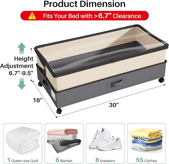 Kitstorack 4 Pack Height-adjustable Under Bed Storage with Wheels, Under Bed Storage Containers,Under Bed Shoe Storage Organizer with Clear Window&Label, Suitable for Clothes Storage, Beige & Gray - Image 2