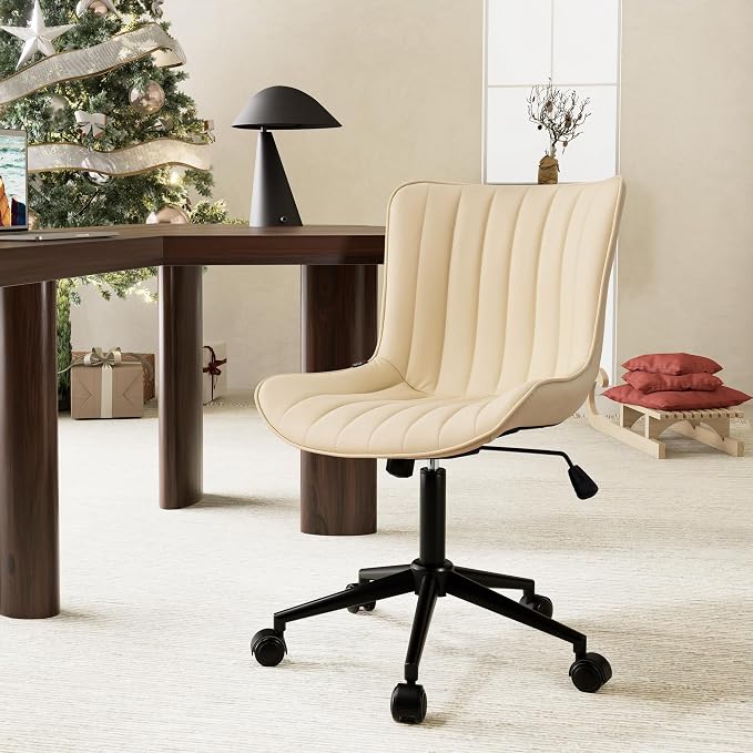 YOUNIKE Office Desk Chair with Wheels Armless Vanity Chair Modern Beige | Faux Leather Upholstered with Rocking Back, Swivel Height Adjustable Small Cute Computer Rolling Task Chair Ergonomic 300lb - Image 7