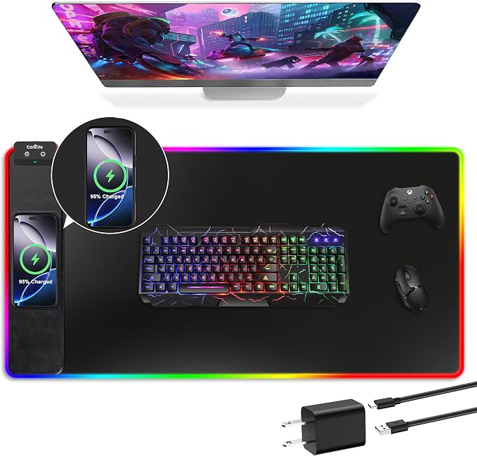 Mouse Pad with Wireless Charging, Large Desk Mat with Adapter, 31.5"x15.7" | RGB Gaming Mousepad with Ultra-Smooth Surface, Non-Slip Rubber Base, Waterproof Computer Keyboard Pad for Gamer, Black by ExtreLife