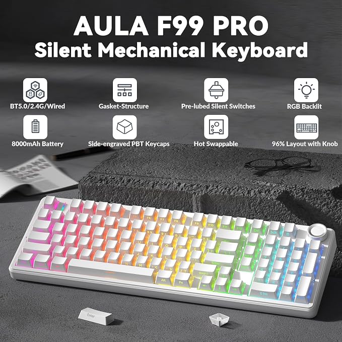 AULA F99 Pro Wireless Mechanical Keyboard-Silent Version,BT5.0/2.4GHz/USB-C Hot Swappable Custom Keyboard,Gasket Structure,Pre-lubed Linear Switches RGB Backlit Computer Gaming Keyboards,White - Image 2