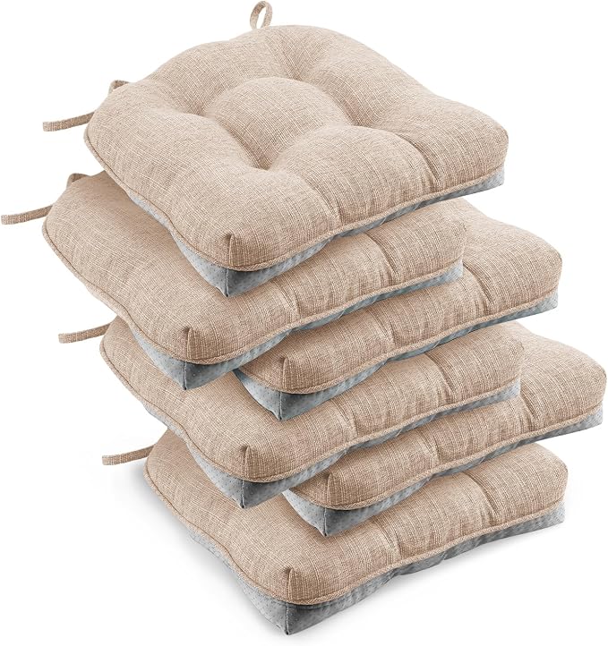 downluxe Indoor Chair Cushions for Dining Chairs, Tufted Overstuffed Textured Foam Kitchen Chair Pads with Ties and Non-Slip Backing, 15.5" x 15.5" x 4", Oatmeal Beige, 6 Pack by Downluxe