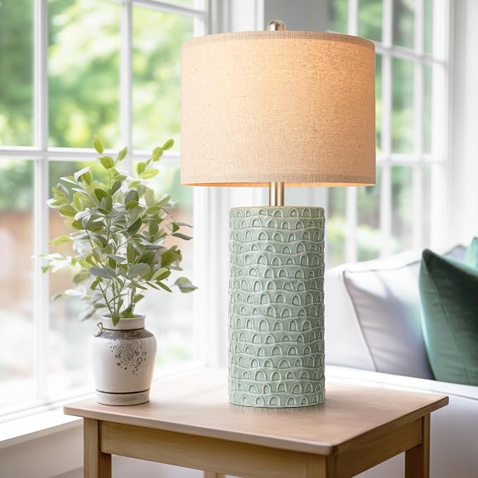 23" Modern Ceramic Table Lamp Set of 2, Table Lamps for Living Room, Rustic Farmhouse Bedside Lamps Nightstand lamp for Bedroom, Desk Lamp for End Table Home Decor Light Green - Image 5