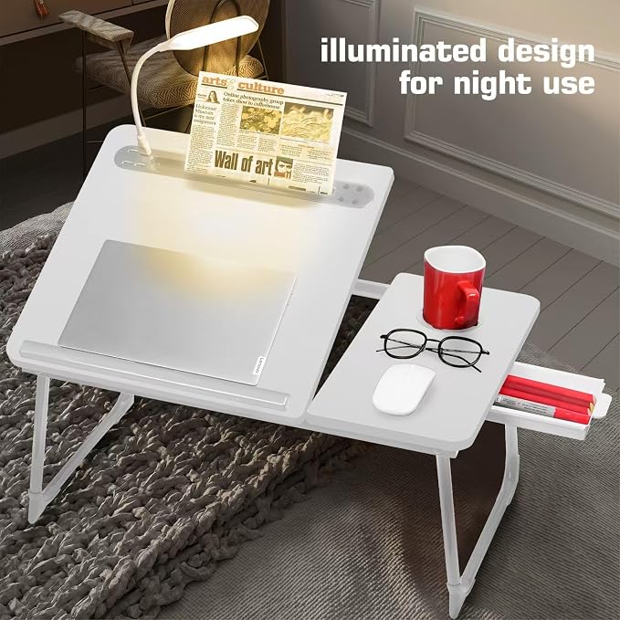CloudTrip Plus XL Adjustable Laptop Desk with Light, USB Port, iPad Holder, Drawer Storage - Larger 23.6IN Adjustable Lap Desk for Bed, Home Office, Breakfast Tray, Fordable Legs Desk (White) - Image 3