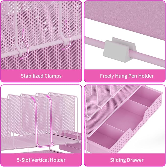 LEKETREE Pink Desk Organizer, Office Organization with Vertical File Holder, File Organizer with Drawer and Pen Holder, Desk Accessories and Workspace Organizers for Home Office (Pink) - Image 5