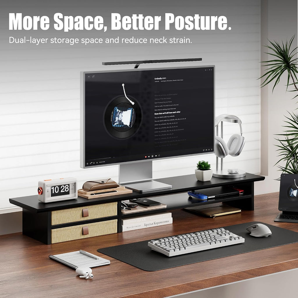 Dual‑Tier Monitor Stand Riser with Drawers, Desktop Organizer Shelf Storage for Computer Screen 2 Monitors, Supports for PC Computer Monitor, Printer, Heavy TV Riser Black - Image 2