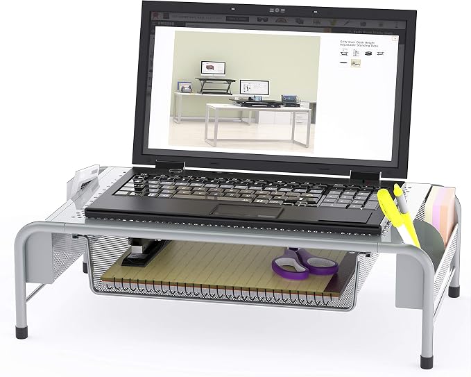 Simple Houseware Metal Desk Monitor Stand Riser w/ Organizer Drawer, Silver | Side Storage for Office Supplies - Image 4