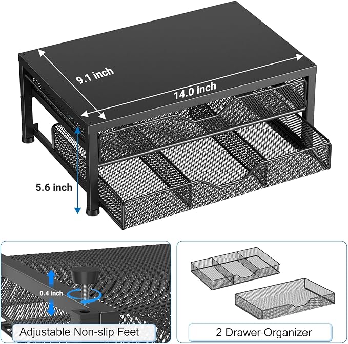 Desk Organizer and Accessories, 2-Tier Computer Monitor Stand Riser with 2 Drawer and 2 Pen Holders, Laptop Stand, Office Desk Accessories for Office Supplies, Black - Image 5