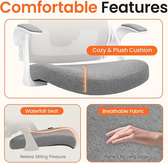 NEO CHAIR Office Desk Mesh Chair with Adjustable Ergonomic Lumbar, Grey | Breathable Mesh Back Support with Flip-Up Armrests and Wide Seat Cushion for Comfortable Home Office Work and Gaming Setup - Image 5