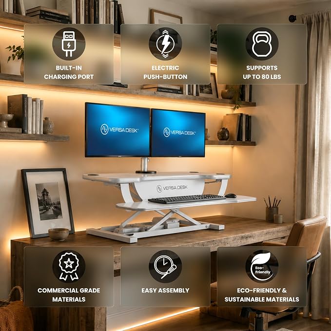 PowerPro 40 Inch Electric Standing Desk Converter – Push-Button Height Adjustable Sit to Stand Desk Riser for Triple Monitors & Laptop – Motorized Desktop Workstation with Wide Keyboard Tray - Image 3