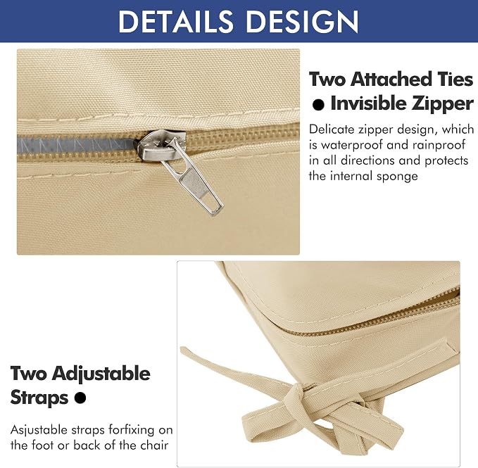 Outdoor Chair Cushions Set of 2, 22 x 22 x 3 Inch Deep Seat | 3 Year Color Fastness Thick Patio Chair Cushion with Ties for Garden Lawn Sofa Couch, Beige - Image 8
