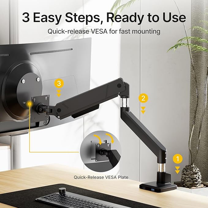 monTEK Single Monitor Arm for Max 45 Inch Ultrawide Screens, Holds 35 Lbs | Adjustable Monitor Desk Mount with C Clamp/Grommet Desk Mount, Cable Management, VESA 75/100mm, Black - Image 4