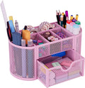 EasyPAG Mesh Pen Holder Desk Organizer with Drawer Stationery Supplies Organizer for Dorm School 9 Compartments Workspace Desk Accessories Organization for Office, Light Pink by EasyPAG