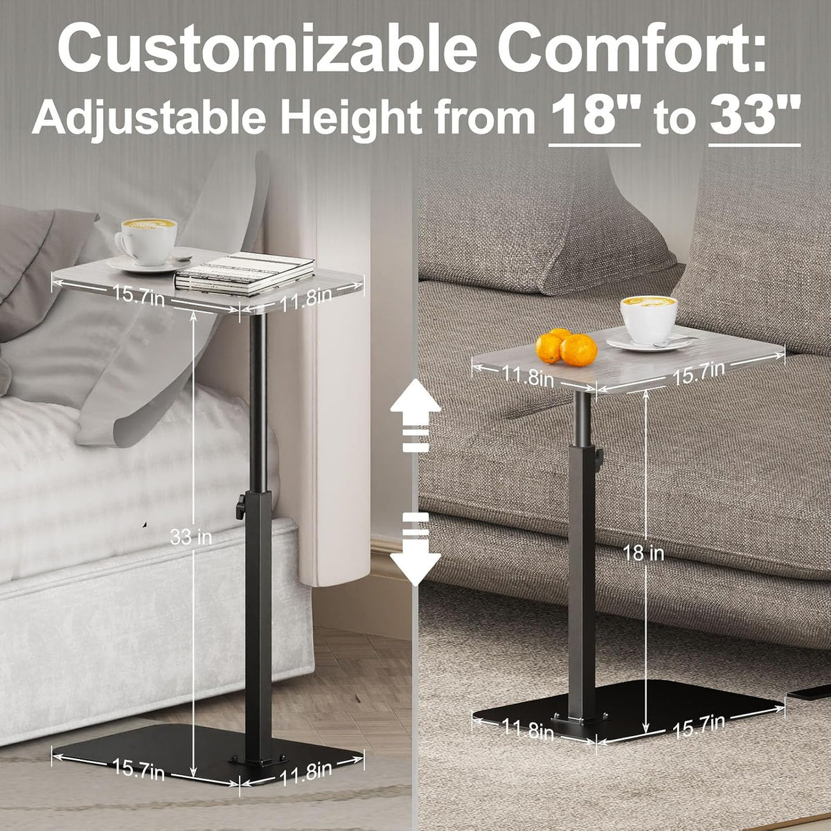 Side Table Sofa Tray for Couch Heavy Metal Base Swivel/Adjustable Height - Image 2